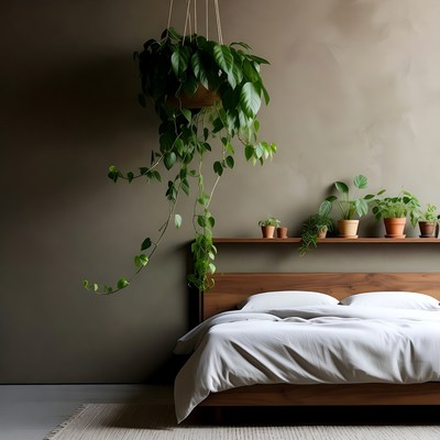 Hanging Pothos Plant Above Wooden Bed