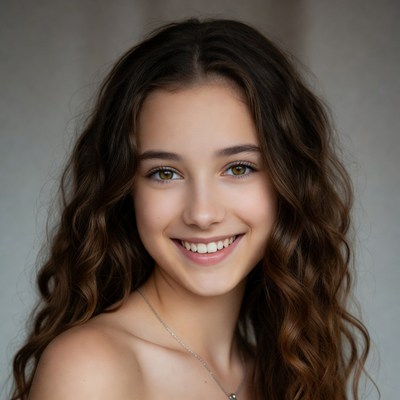 Smiling young woman with curly brown hair