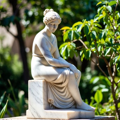 Marble Statue of Seated Woman in Garden