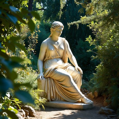 Seated Marble Woman Statue in Garden