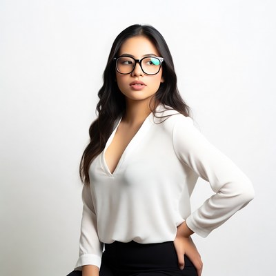 Asian woman in white blouse and glasses
