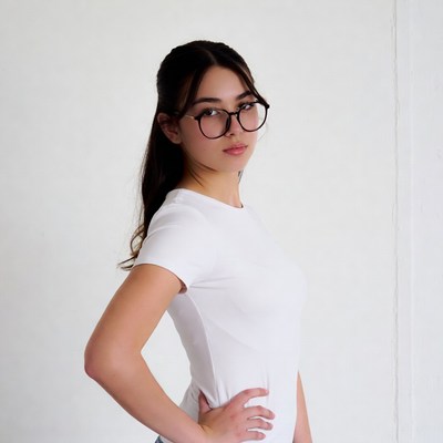 Asian woman in glasses posing sideways