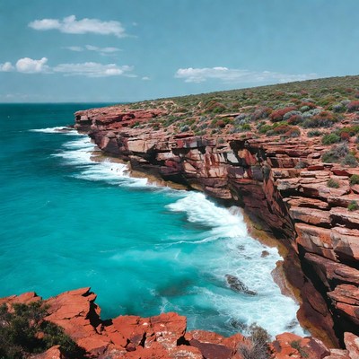 Red Cliffs Over Turquoise Ocean Waves