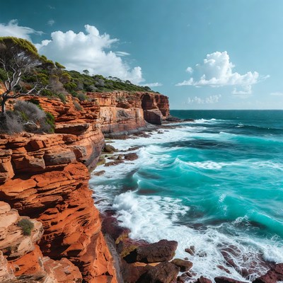 Red Cliffs Over Turquoise Ocean Waves