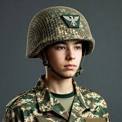 Boy in camouflage helmet and uniform