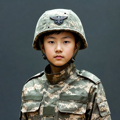 Asian boy in camouflage helmet