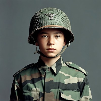 Boy wearing military helmet and uniform