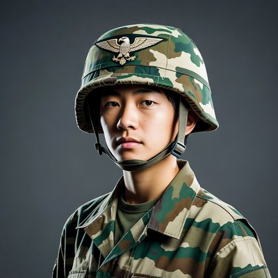 Asian soldier in camouflage helmet