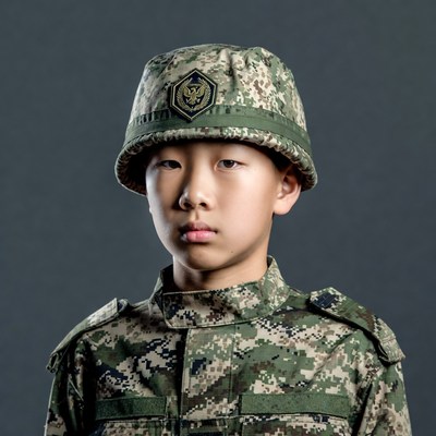 Asian boy in camouflage military uniform