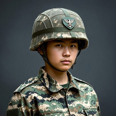Asian girl in camouflage helmet