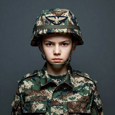 Boy in camouflage helmet and uniform