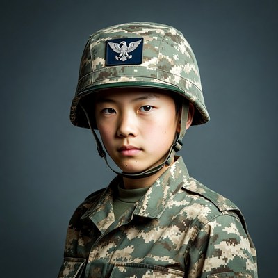 Asian boy in camouflage helmet