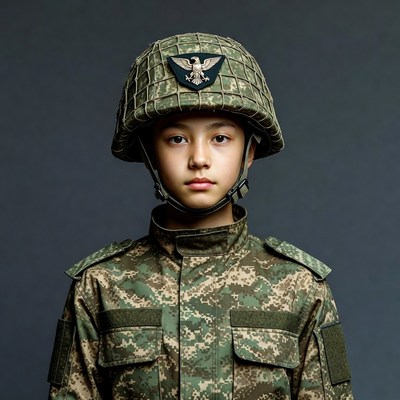 Asian boy in camouflage helmet