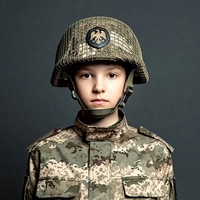 Boy in camouflage helmet and uniform