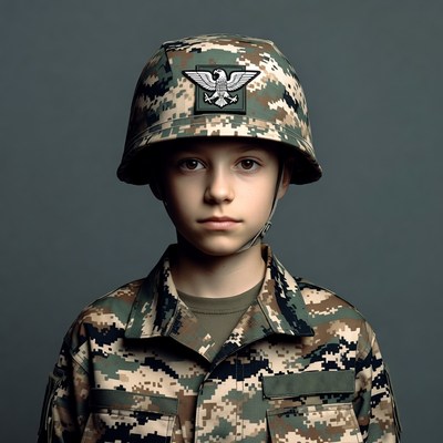 Boy wearing camouflage army helmet