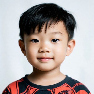 Asian boy smiling in red shirt