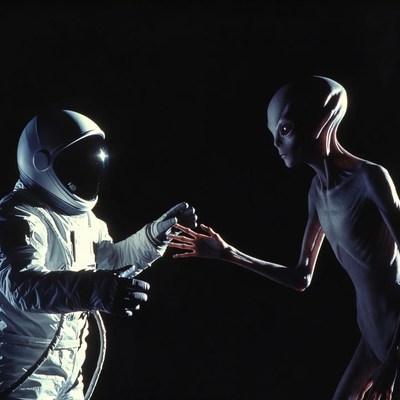 Astronaut shaking hands with alien