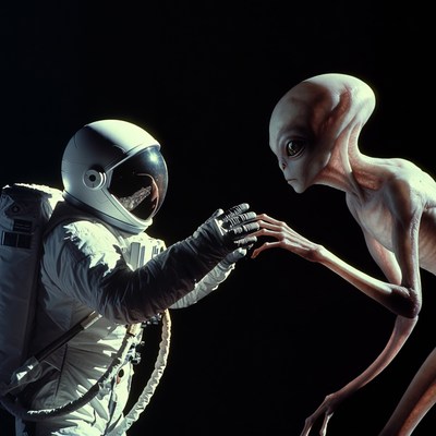 Astronaut shaking hands with alien