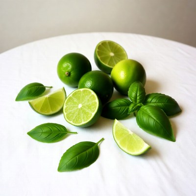 Fresh limes and basil leaves