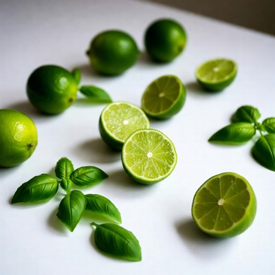 Fresh limes and basil leaves