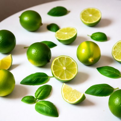 Fresh limes and basil leaves