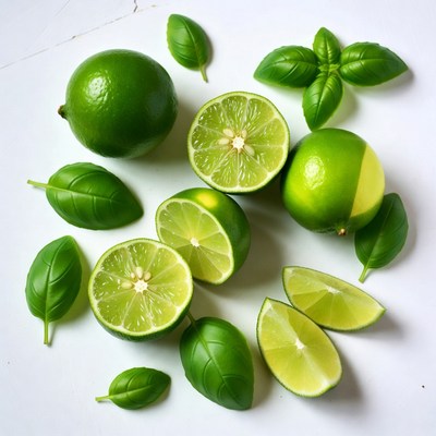 Fresh Limes and Basil Leaves