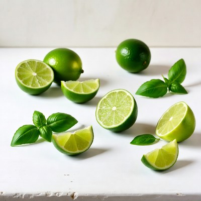 Fresh Limes with Basil Leaves