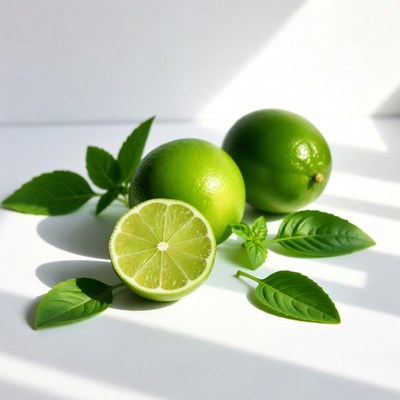 Fresh limes with basil leaves