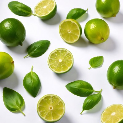 Limes and Basil Leaves
