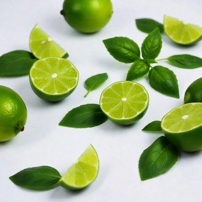Fresh Lime Slices with Basil Leaves