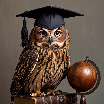 Owl wearing graduation cap with globe
