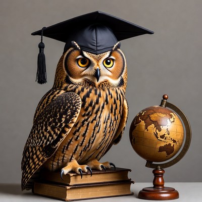 Owl in graduation cap with globe