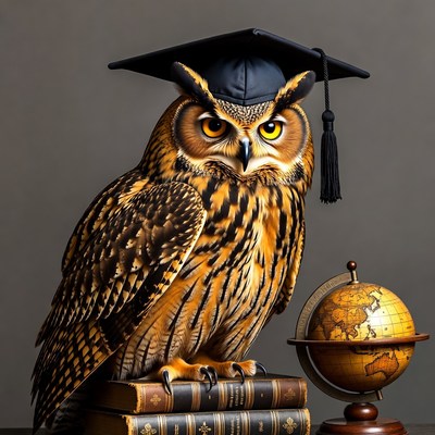 Owl Wearing Graduation Cap with Globe