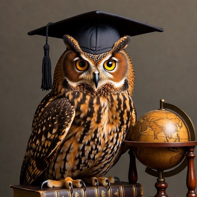 Owl wearing graduation cap with globe