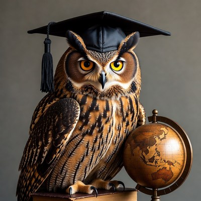 Owl Wearing Graduation Cap with Globe