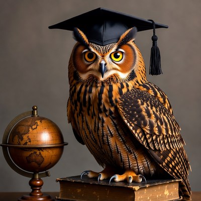 Owl wearing graduation cap with globe