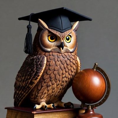 Owl wearing graduation cap with globe