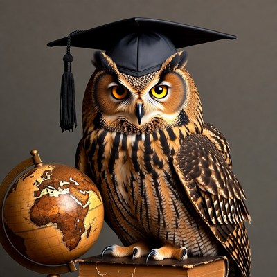Owl Wearing Graduation Cap with Globe