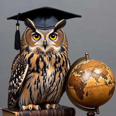 Owl wearing graduation cap with globe