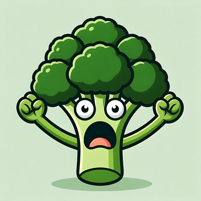 Scared Cartoon Broccoli with Raised Fists