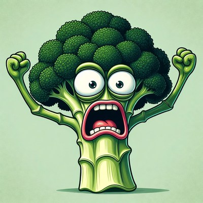 Scared cartoon broccoli with raised fists