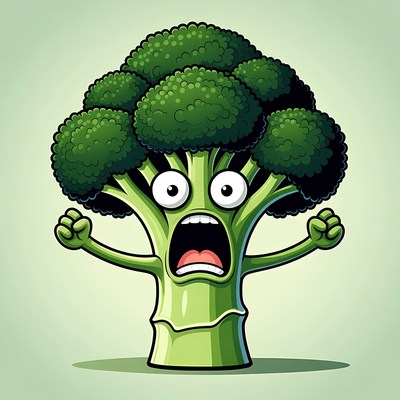 Cartoon Broccoli Screaming with Fists Raised