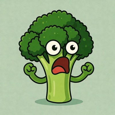 Surprised cartoon broccoli flexing arms