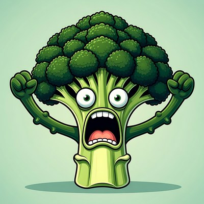 Scared Cartoon Broccoli with Raised Fists