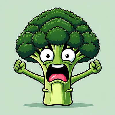 Cartoon Broccoli Screaming with Fists Raised