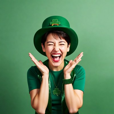 Woman laughing in green leprechaun hat
