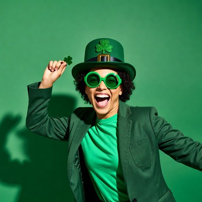 Black woman in green shamrock hat laughing