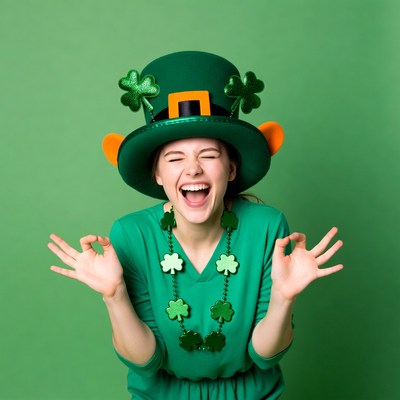 Woman laughing in St. Patrick's Day hat