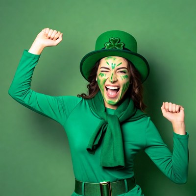 Woman in green leprechaun costume celebrating