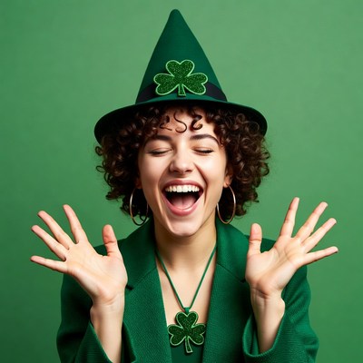 Smiling woman in green leprechaun hat